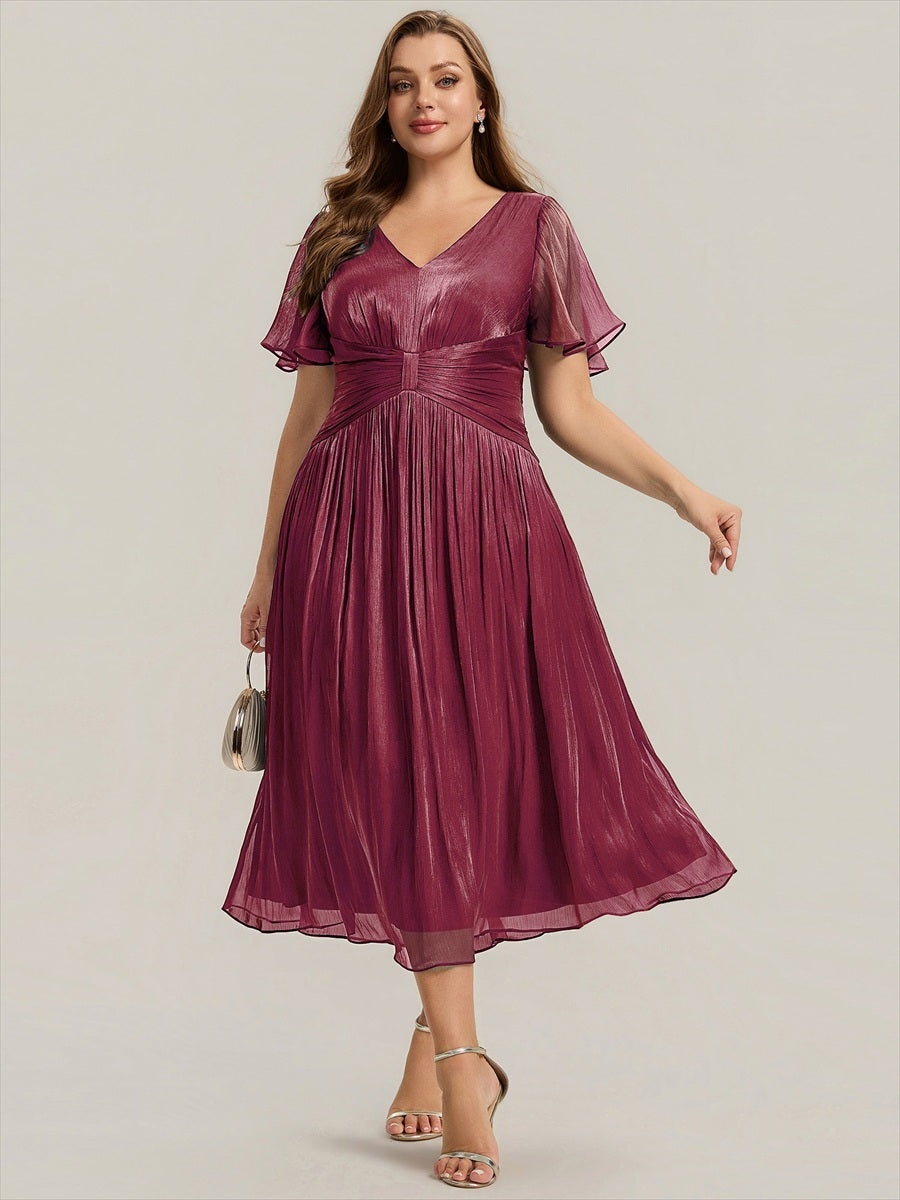 robe midi à manches courtes avec volants en V et détails froncés #Couleur_Bordeaux