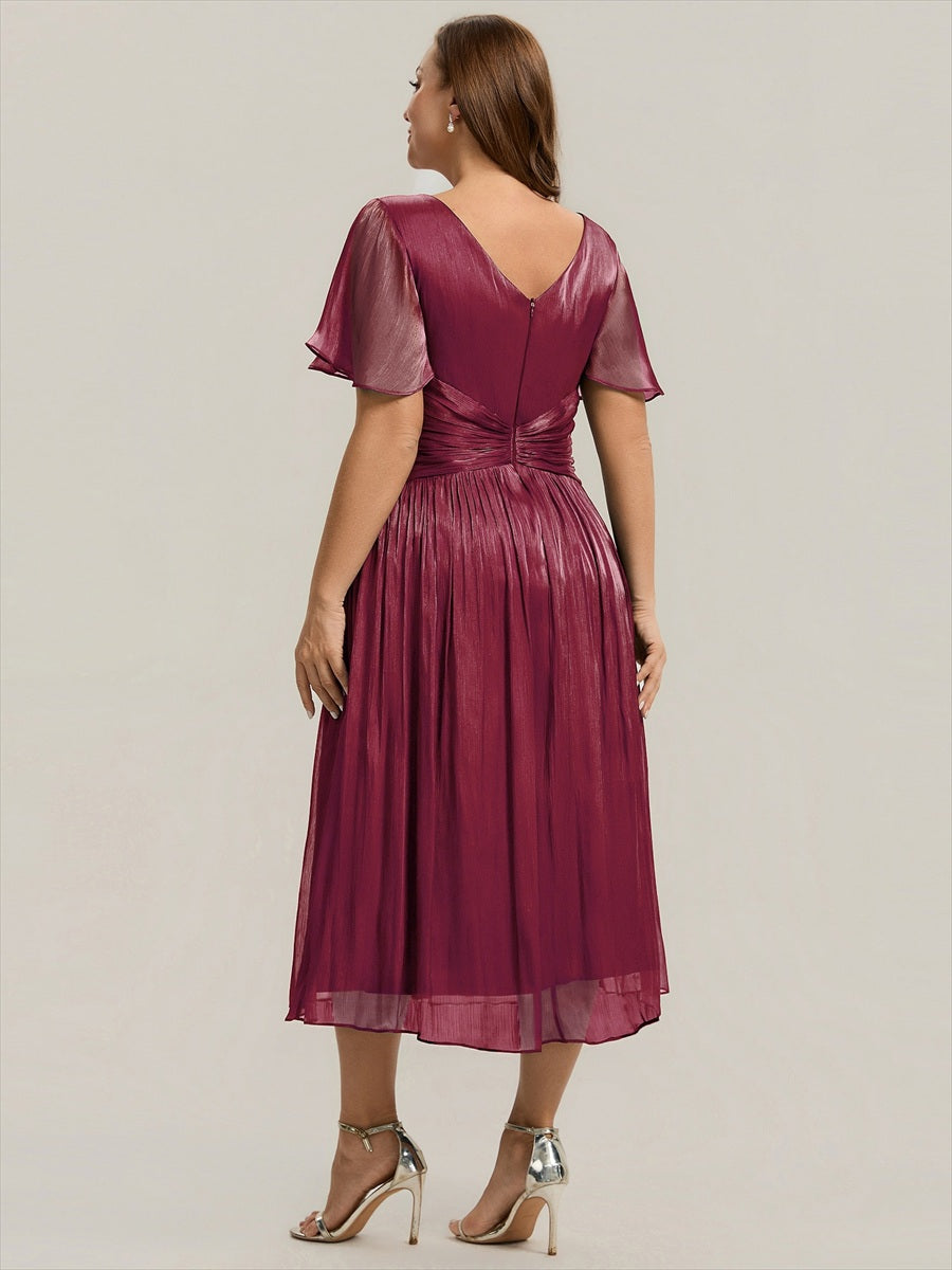 robe midi à manches courtes avec volants en V et détails froncés #Couleur_Bordeaux
