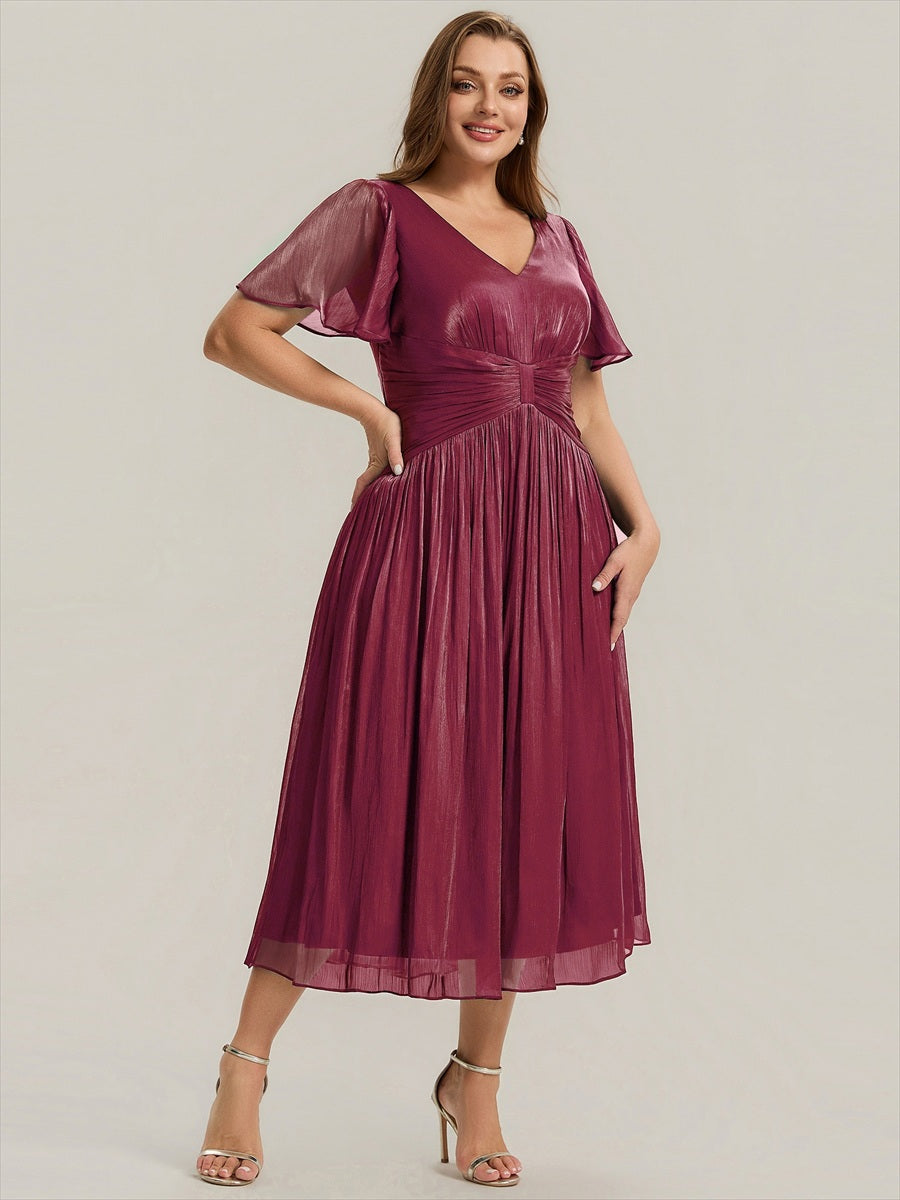 robe midi à manches courtes avec volants en V et détails froncés #Couleur_Bordeaux