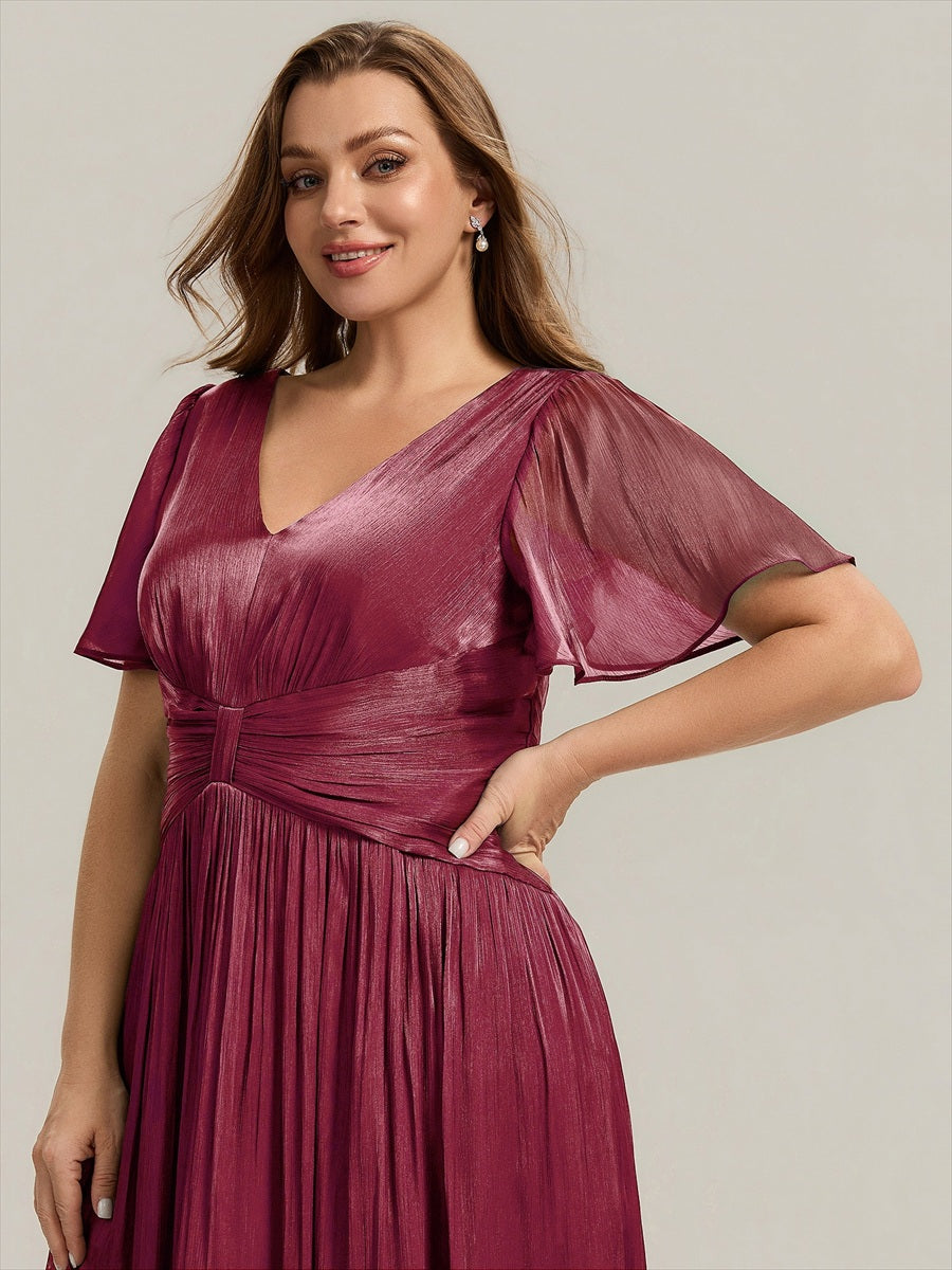 robe midi à manches courtes avec volants en V et détails froncés #Couleur_Bordeaux