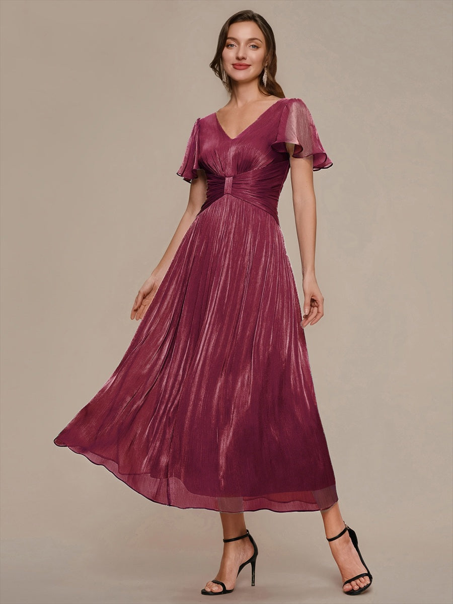 robe midi à manches courtes avec volants en V et détails froncés #Couleur_Bordeaux
