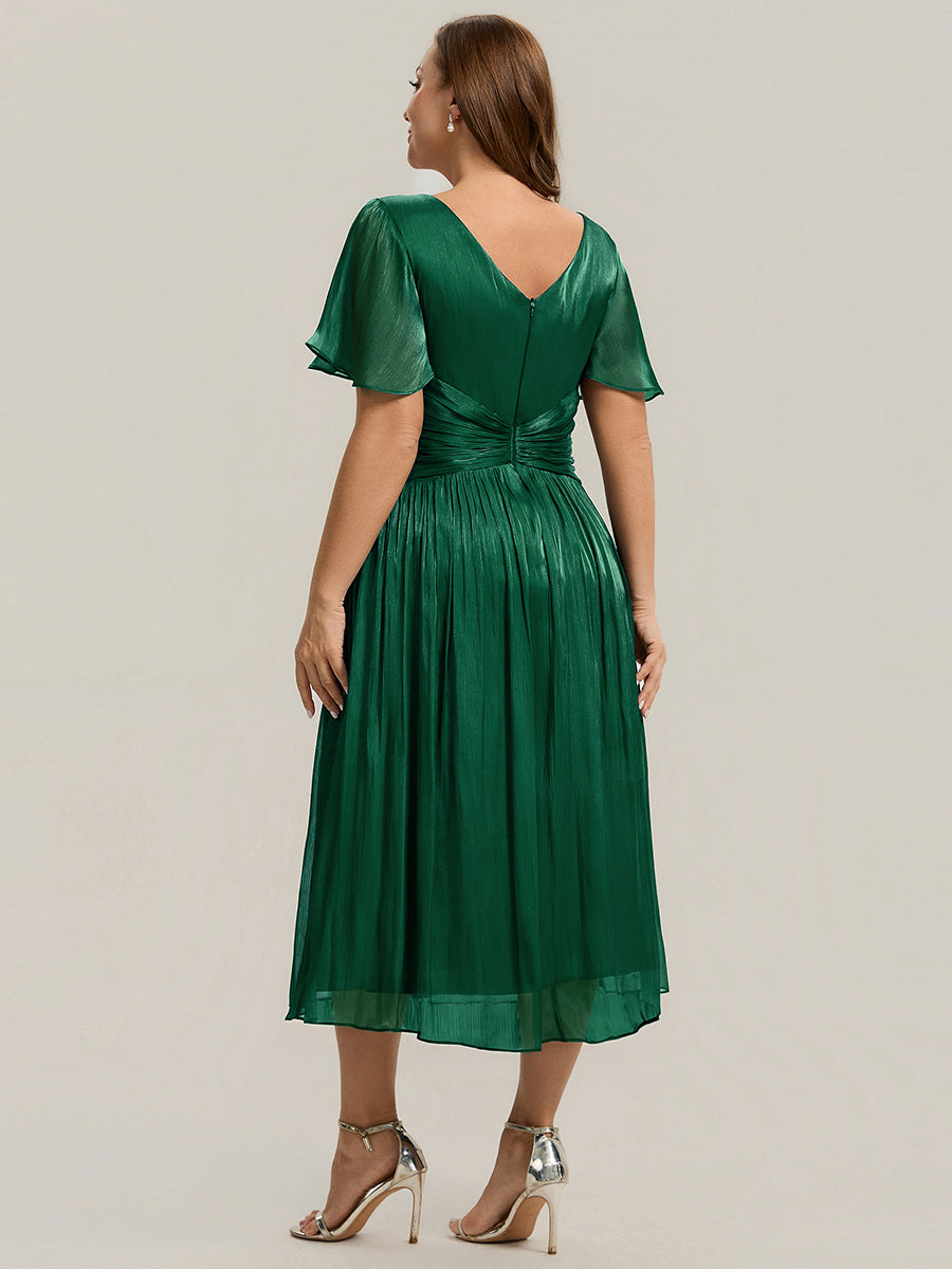robe midi à manches courtes avec volants en V et détails froncés #Couleur_Vert Fonce