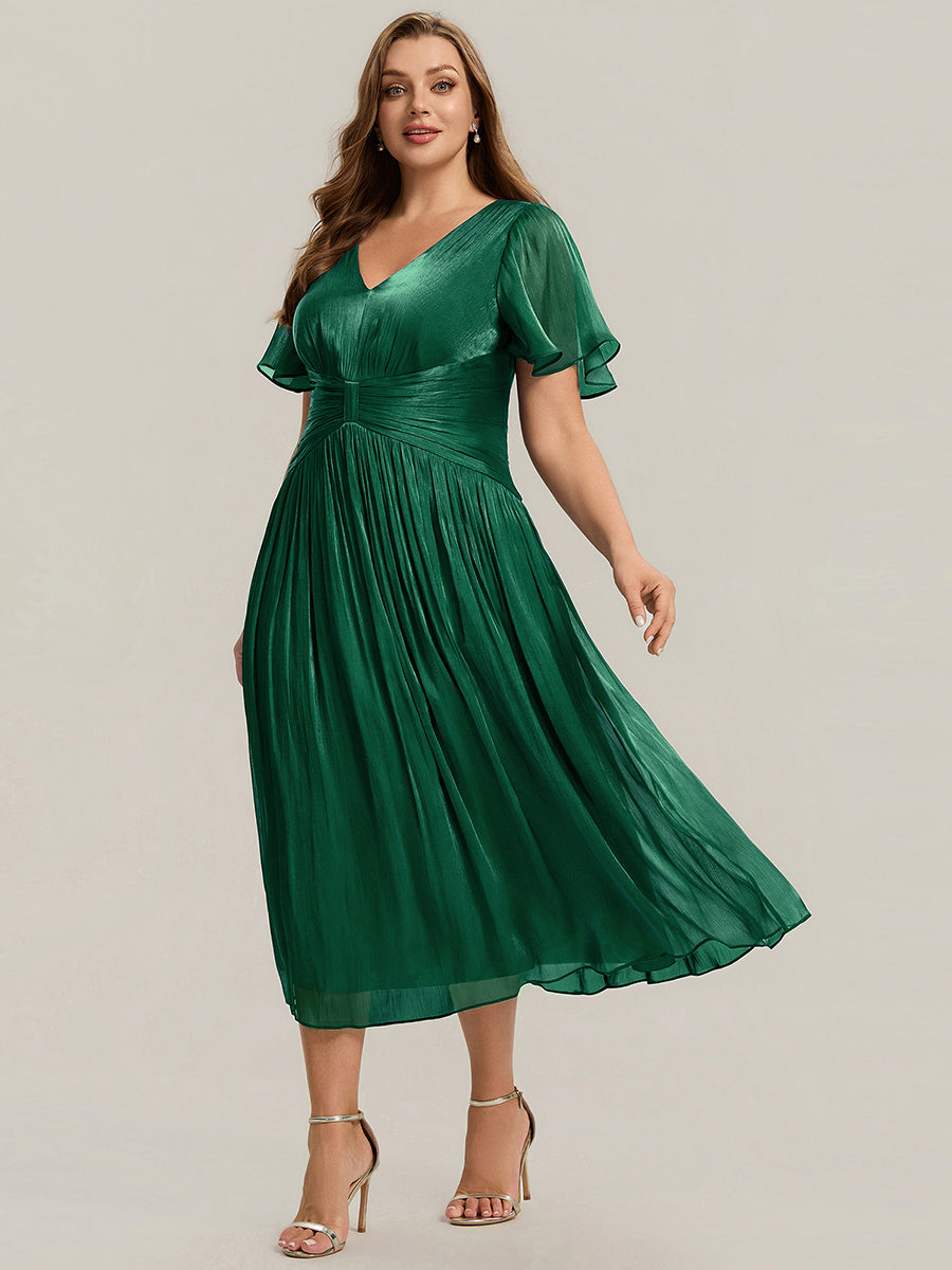 robe midi à manches courtes avec volants en V et détails froncés #Couleur_Vert Fonce