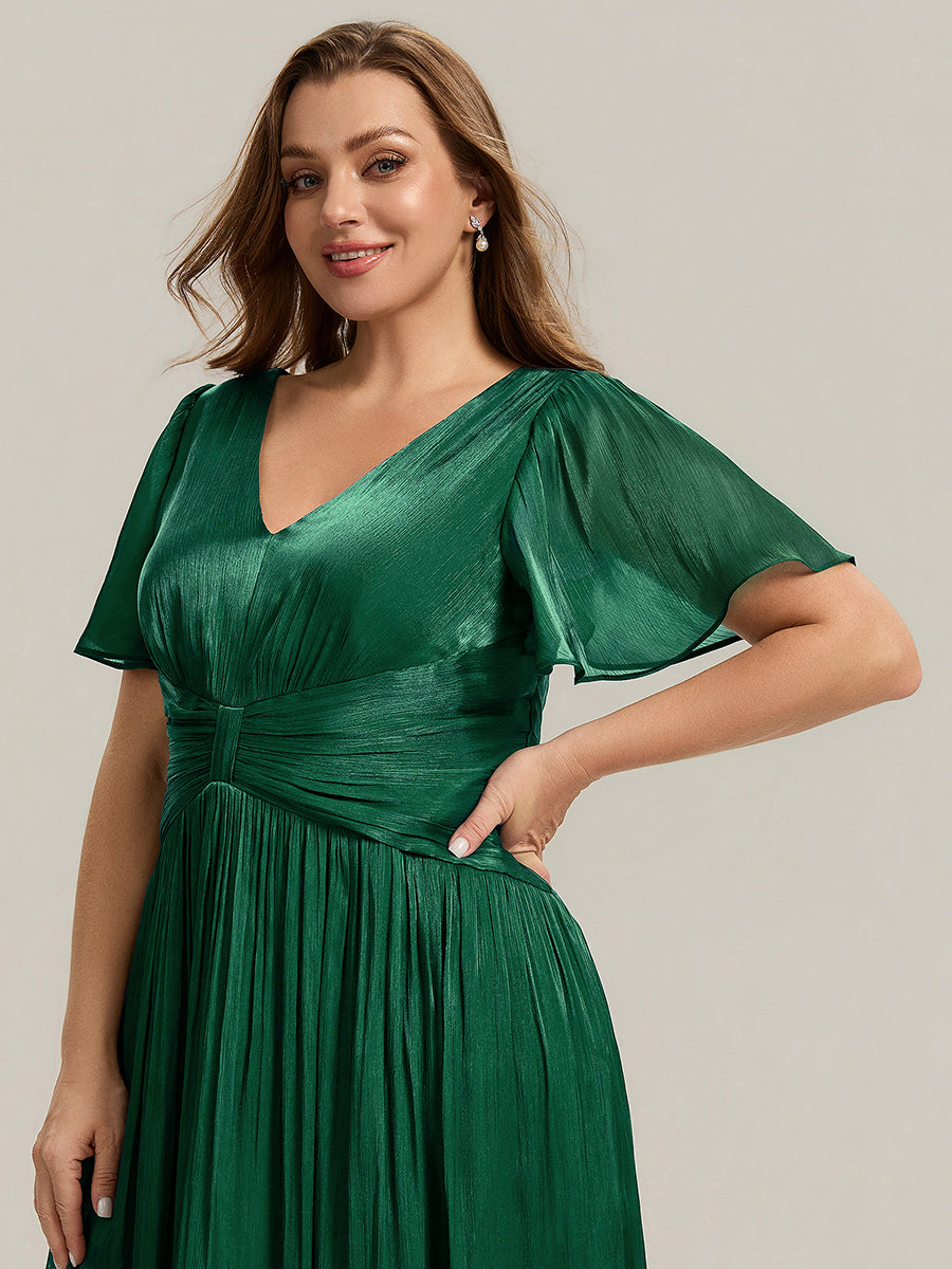robe midi à manches courtes avec volants en V et détails froncés #Couleur_Vert Fonce