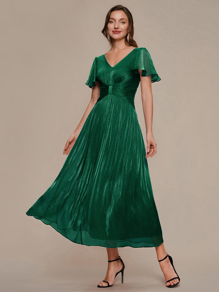robe midi à manches courtes avec volants en V et détails froncés #Couleur_Vert Fonce