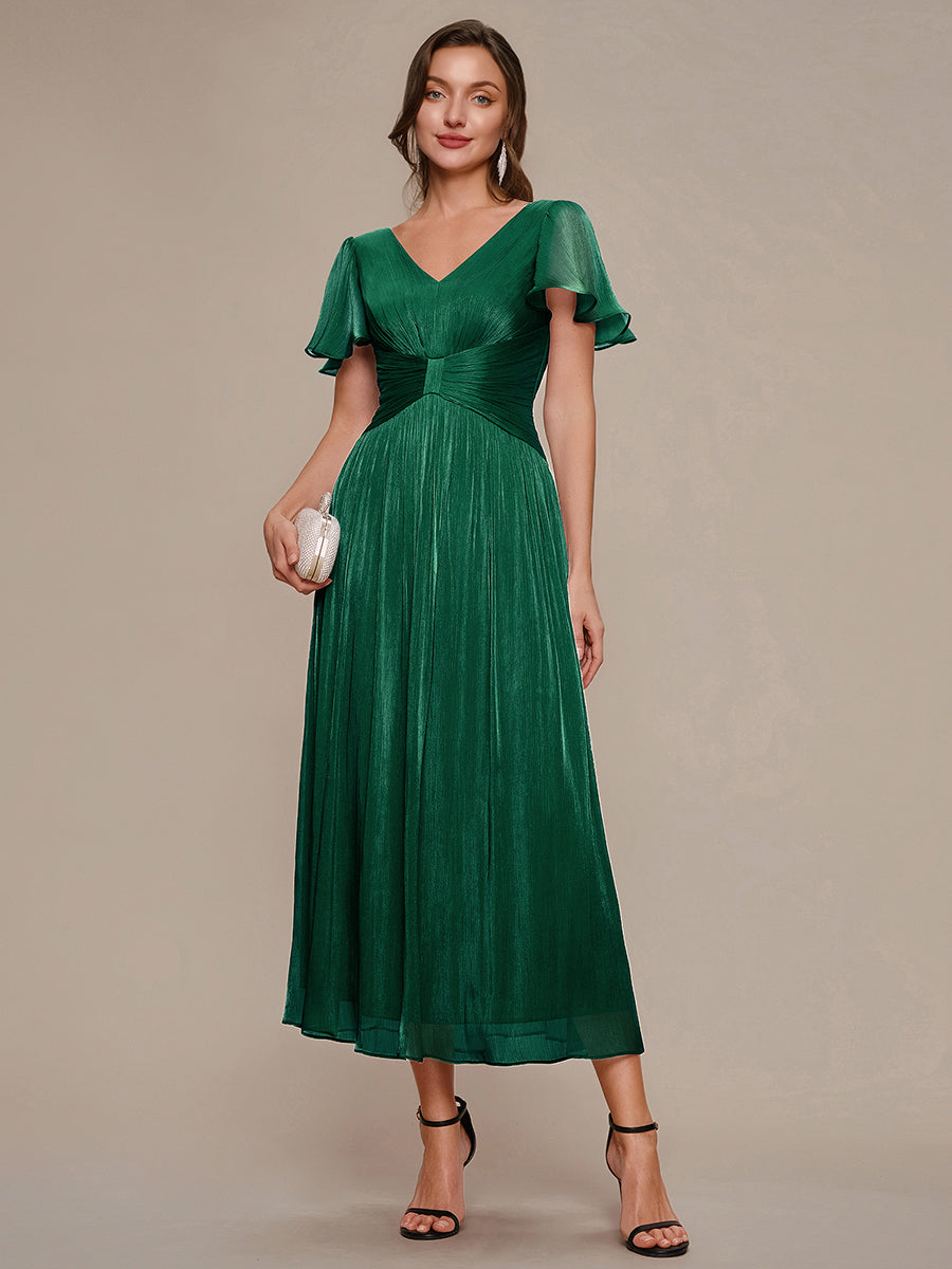 robe midi à manches courtes avec volants en V et détails froncés #Couleur_Vert Fonce