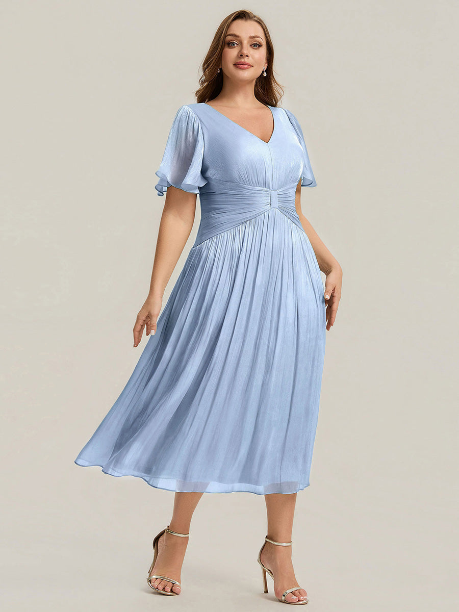 robe midi à manches courtes avec volants en V et détails froncés #Couleur_Marine Fume clair
