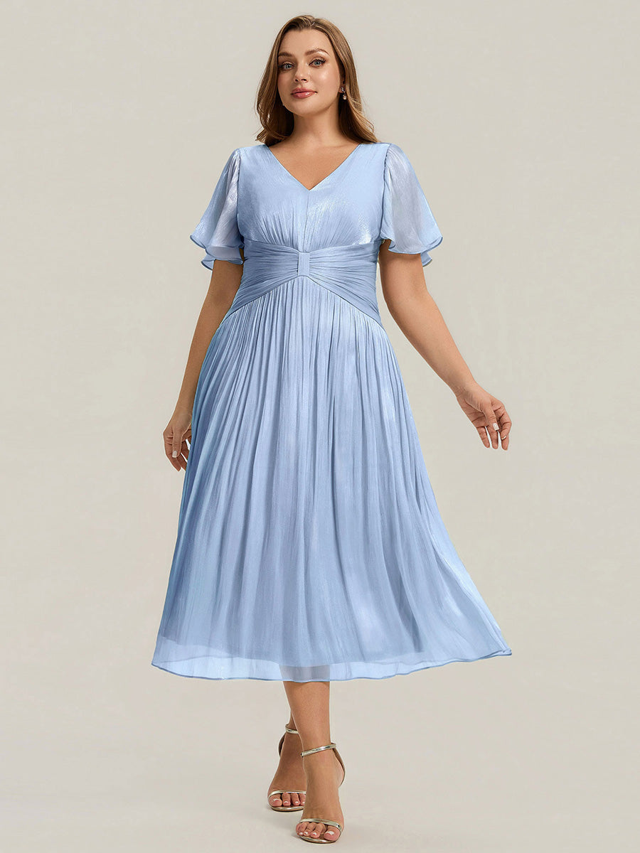 robe midi à manches courtes avec volants en V et détails froncés #Couleur_Marine Fume clair