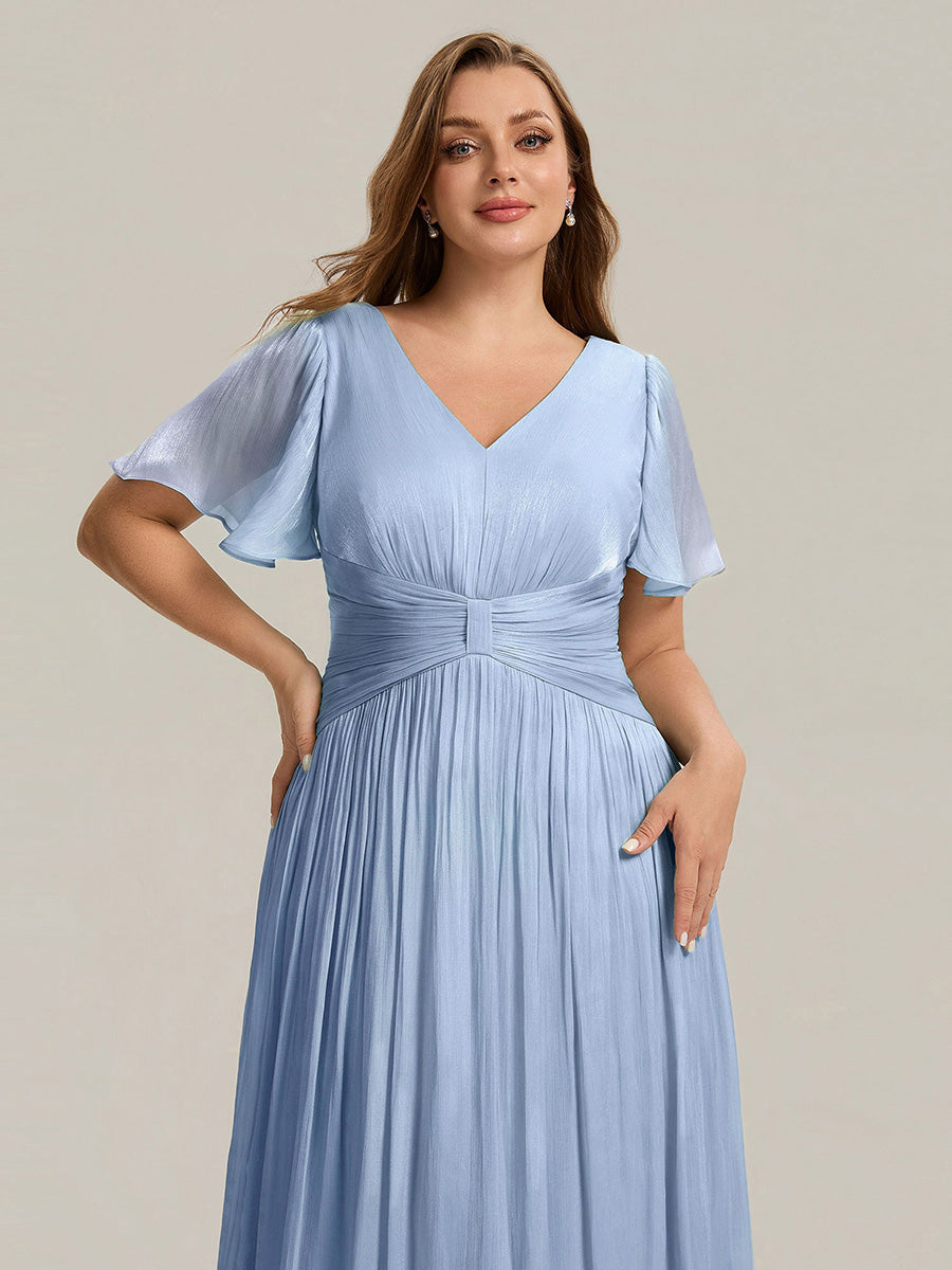 robe midi à manches courtes avec volants en V et détails froncés #Couleur_Marine Fume clair