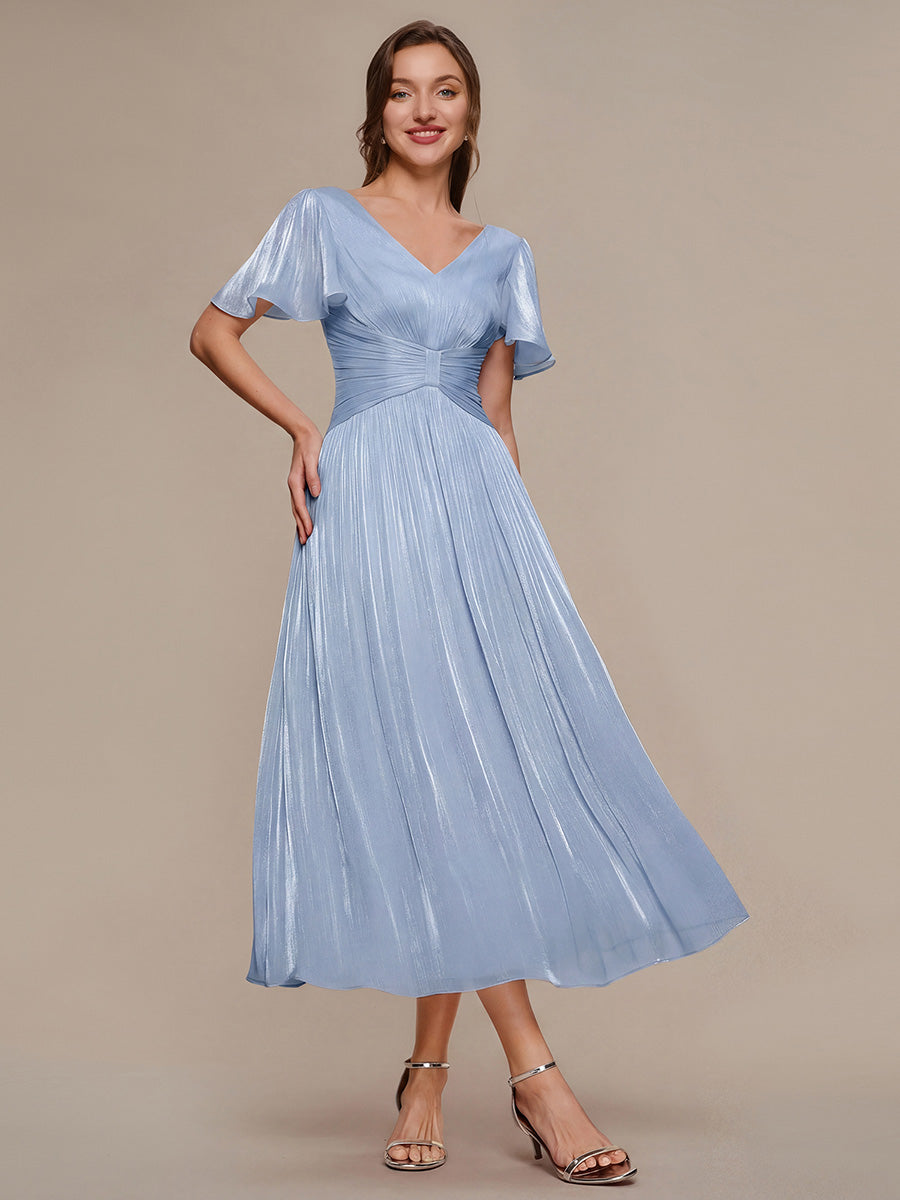 robe midi à manches courtes avec volants en V et détails froncés #Couleur_Marine Fume clair