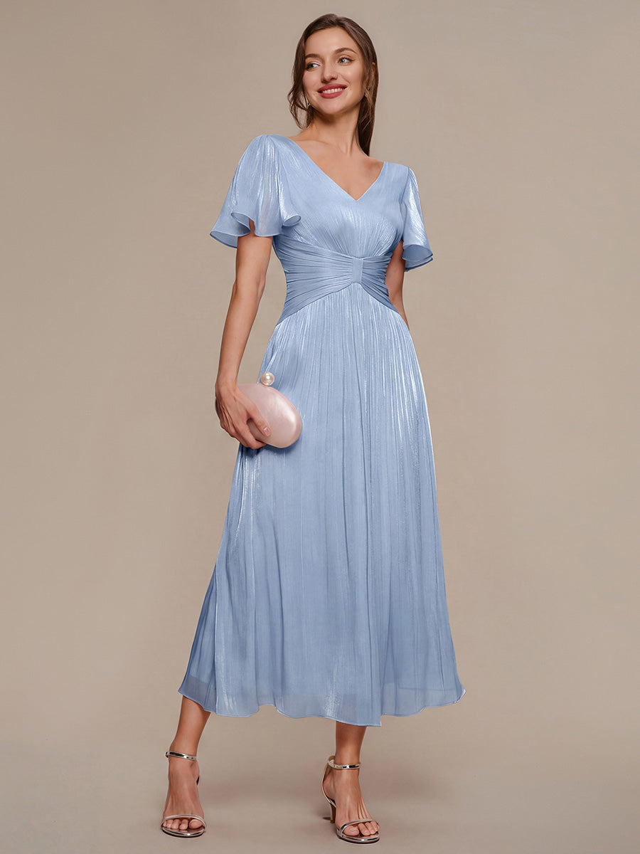 robe midi à manches courtes avec volants en V et détails froncés #Couleur_Marine Fume clair
