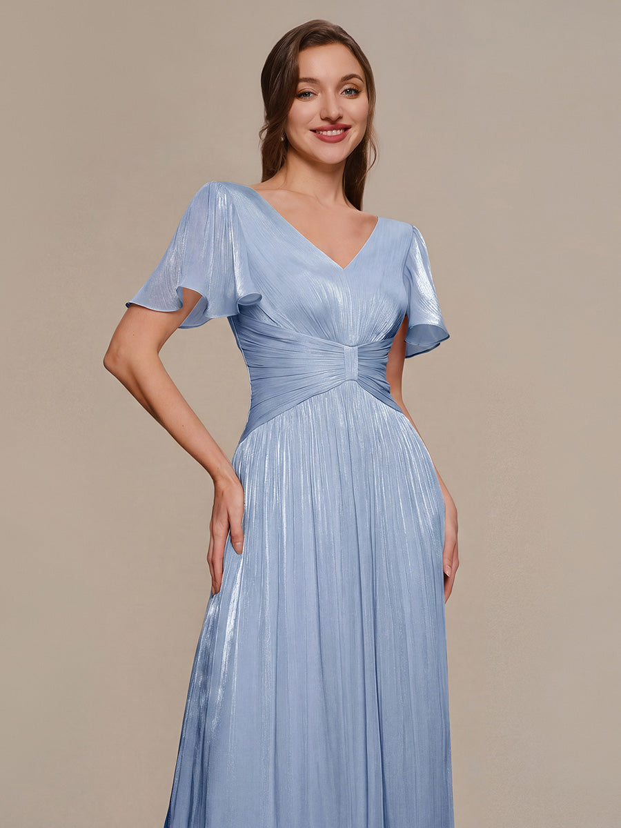 robe midi à manches courtes avec volants en V et détails froncés #Couleur_Marine Fume clair