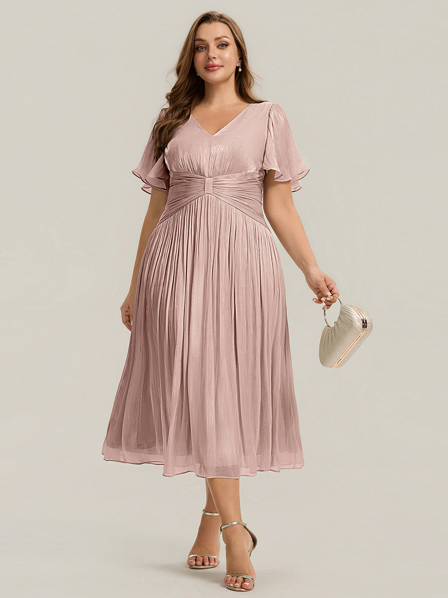 robe midi à manches courtes avec volants en V et détails froncés #Couleur_Rose fumee