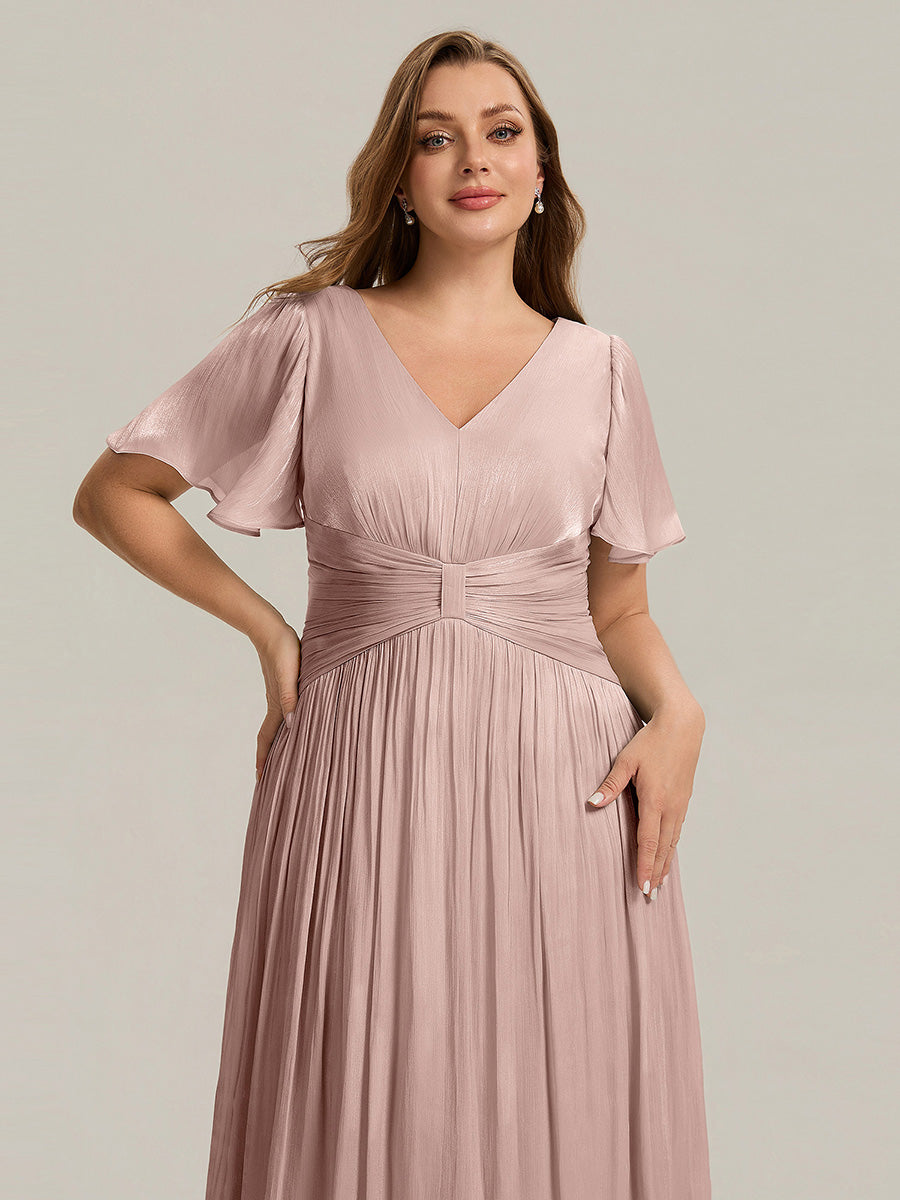 robe midi à manches courtes avec volants en V et détails froncés #Couleur_Rose fumee