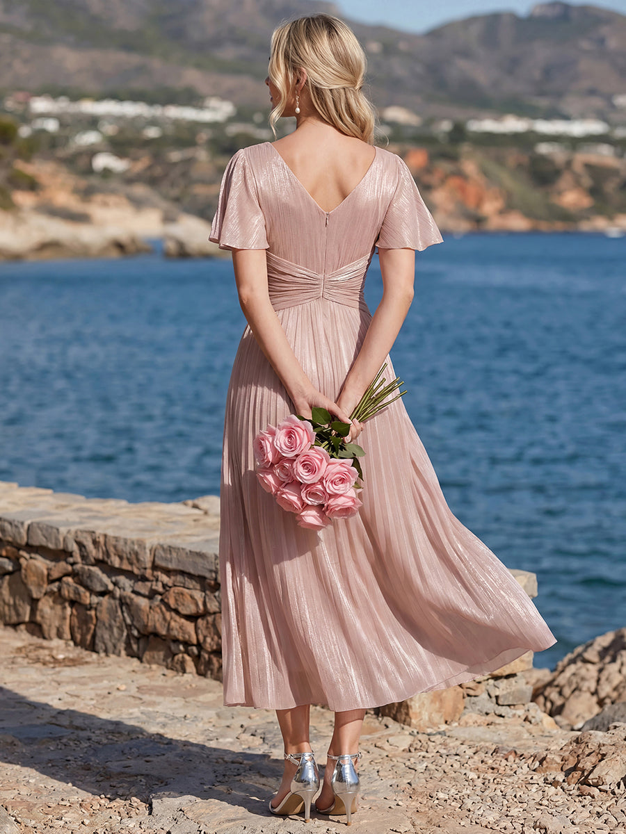 robe midi à manches courtes avec volants en V et détails froncés #Couleur_Rose fumee