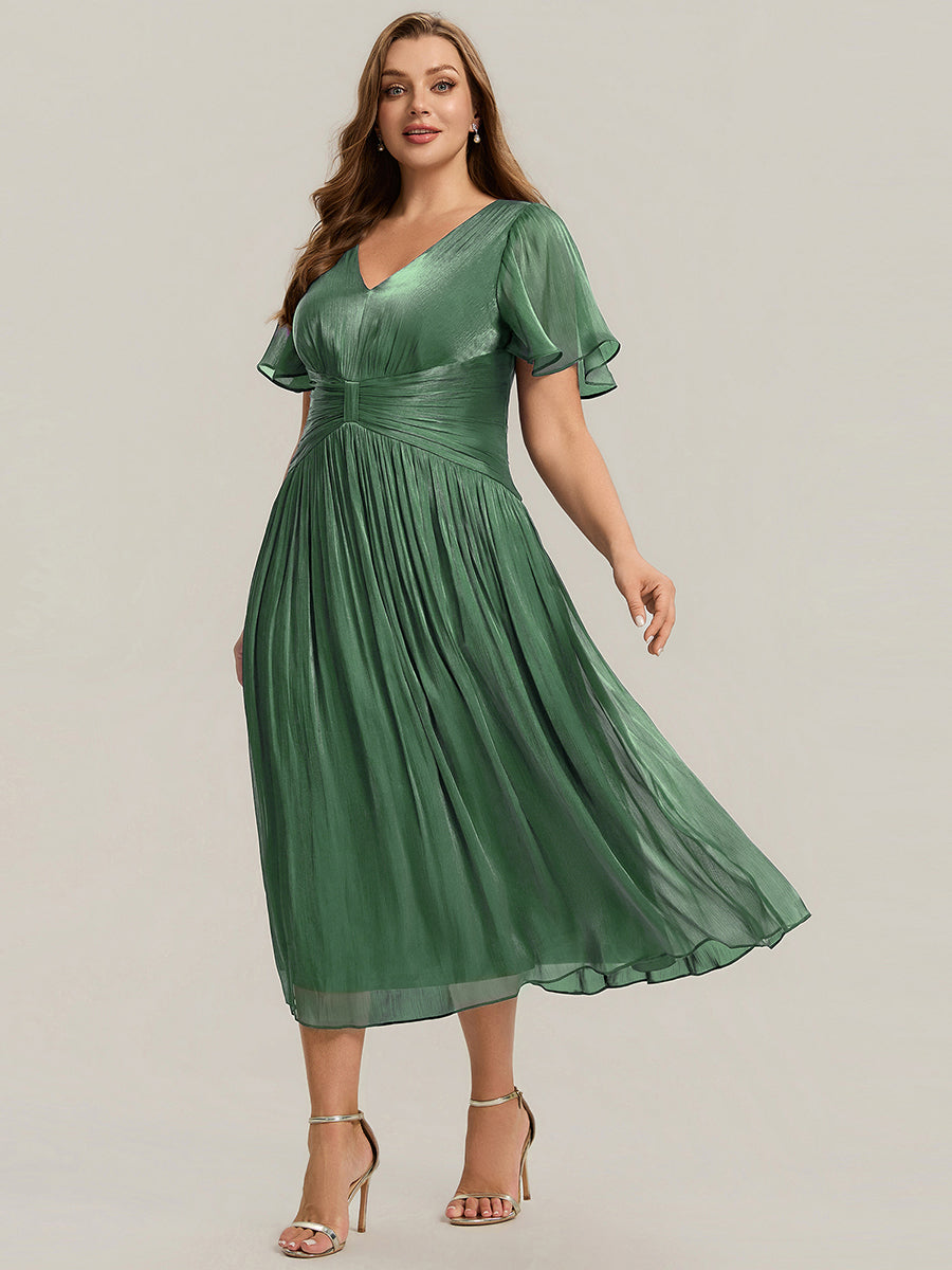 robe midi à manches courtes avec volants en V et détails froncés #Couleur_Eukalyptus Grün