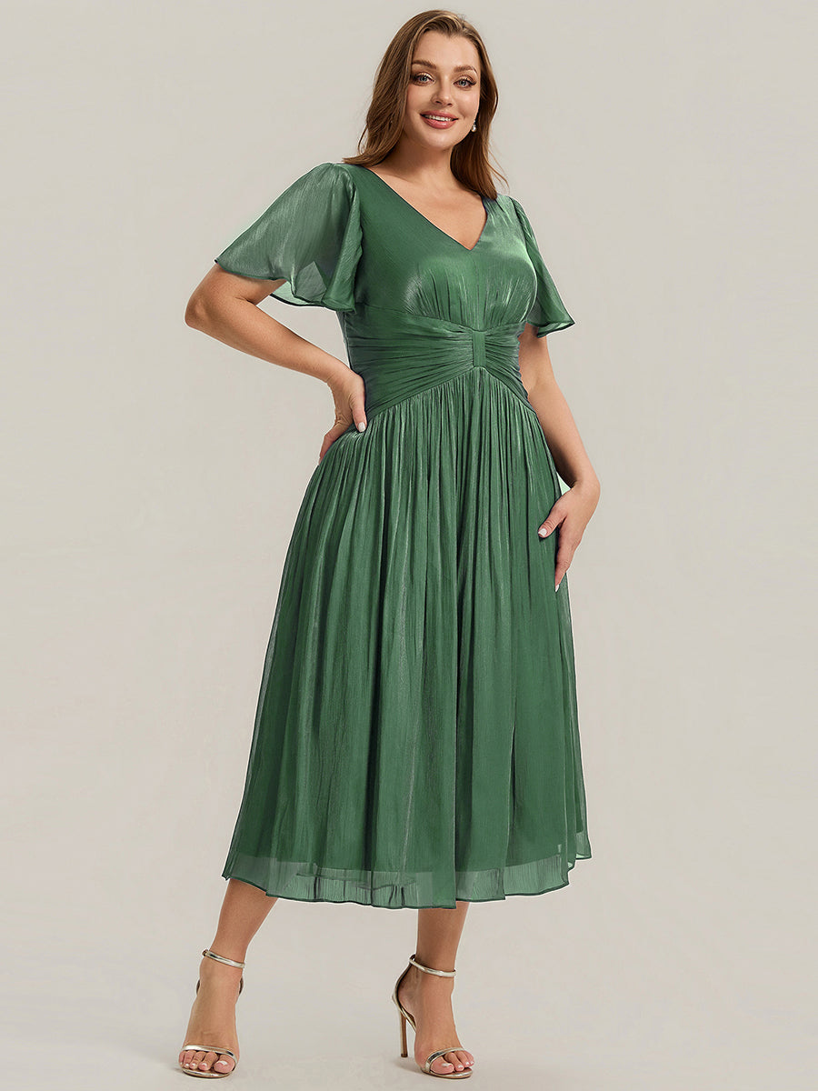 robe midi à manches courtes avec volants en V et détails froncés #Couleur_Eukalyptus Grün