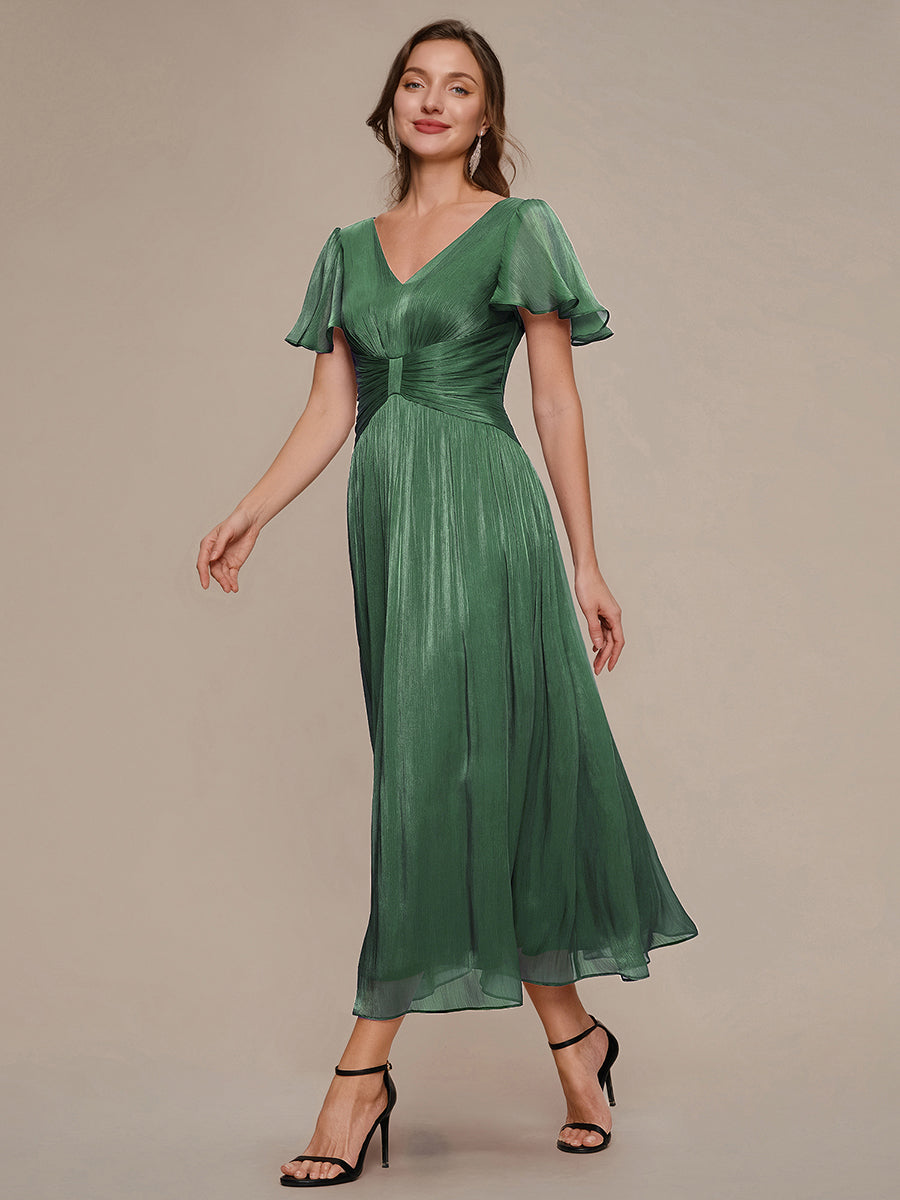 robe midi à manches courtes avec volants en V et détails froncés #Couleur_Eukalyptus Grün