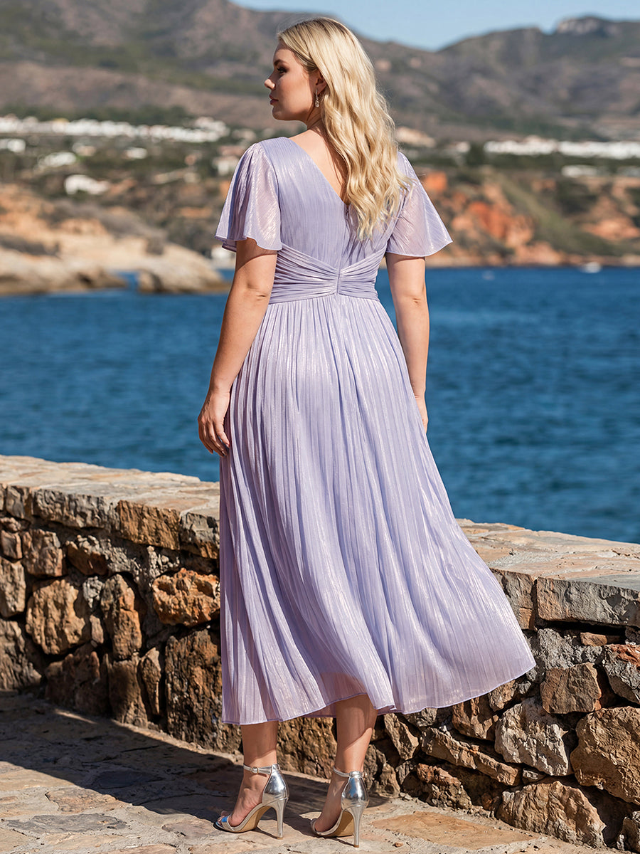 robe midi à manches courtes avec volants en V et détails froncés #Couleur_Lilas Givré