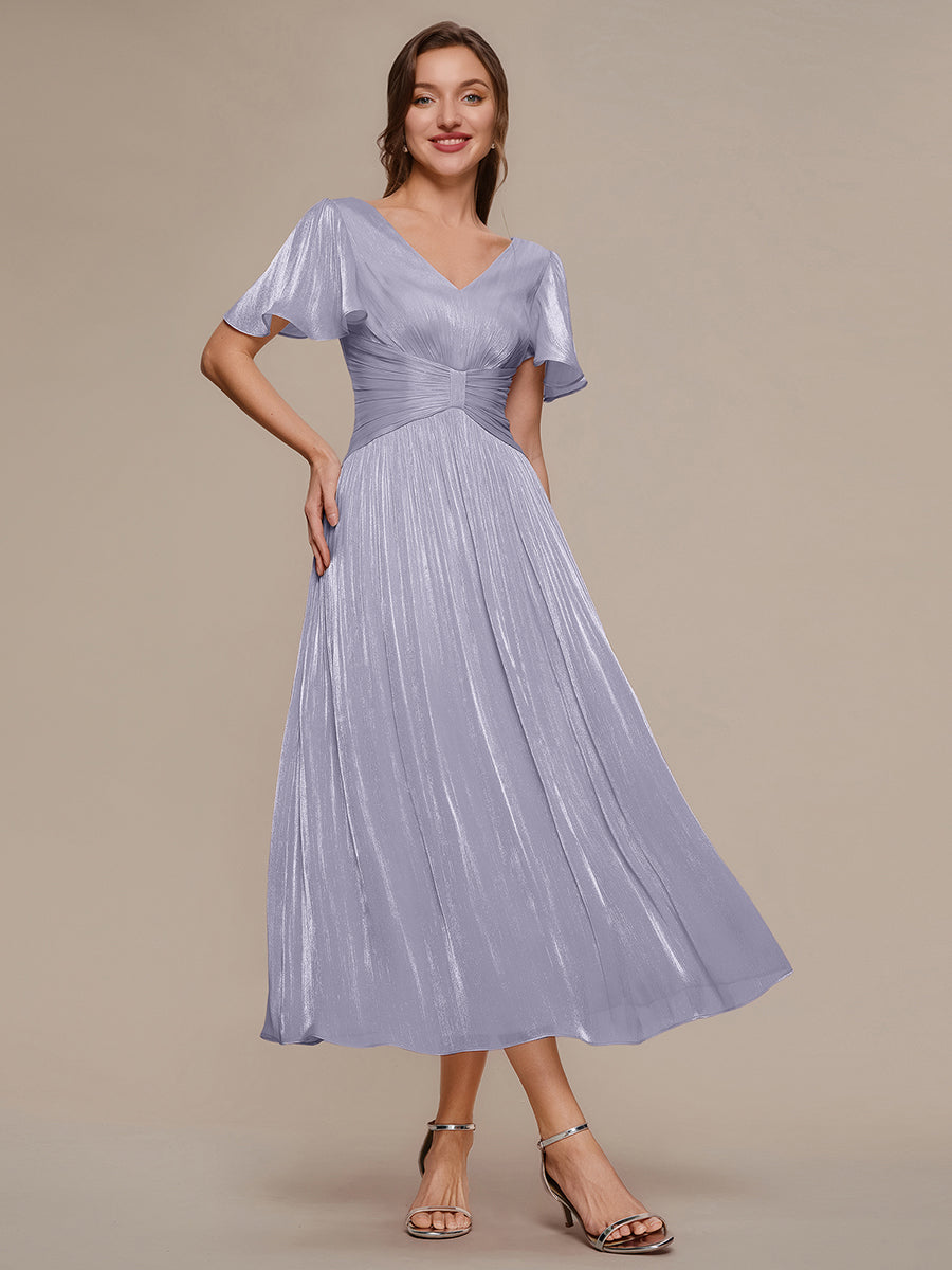 robe midi à manches courtes avec volants en V et détails froncés #Couleur_Lilas Givré