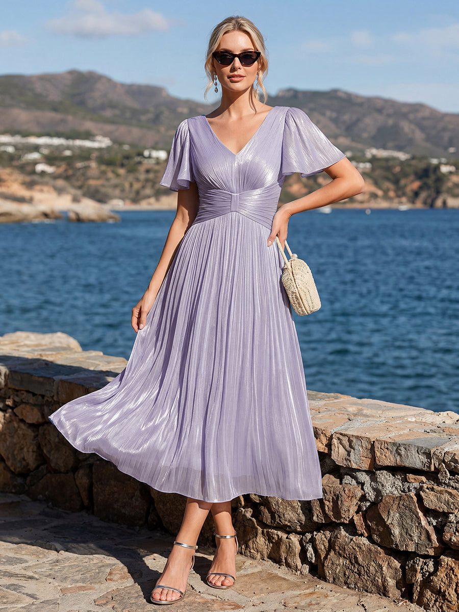 robe midi à manches courtes avec volants en V et détails froncés #Couleur_Lilas Givré