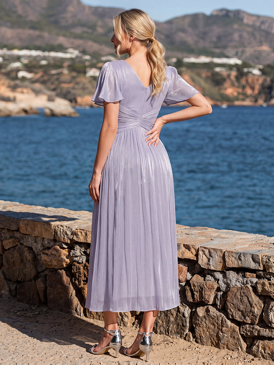 robe midi à manches courtes avec volants en V et détails froncés #Couleur_Lilas Givré