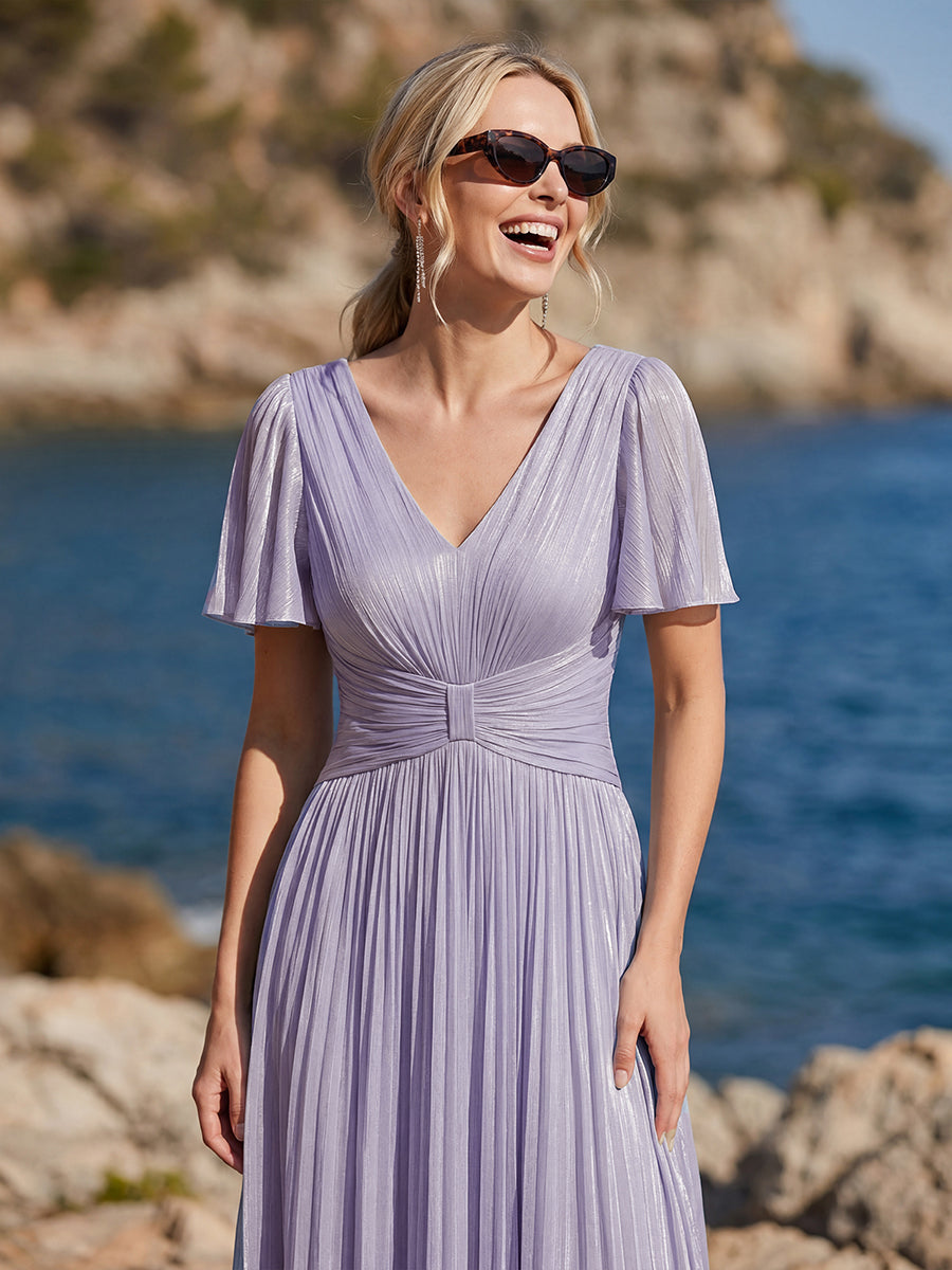 robe midi à manches courtes avec volants en V et détails froncés #Couleur_Lilas Givré