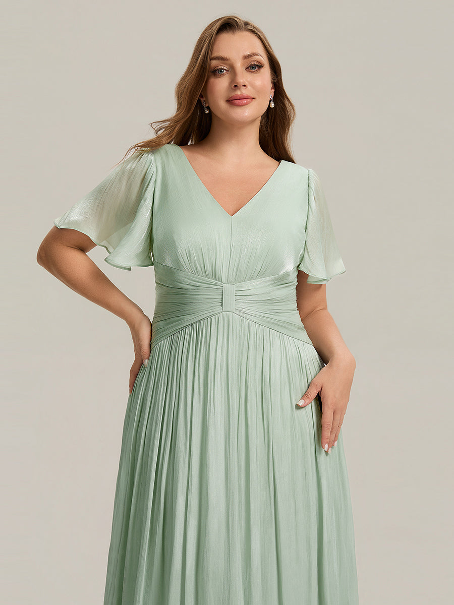 robe midi à manches courtes avec volants en V et détails froncés #Couleur_Menthe Verte