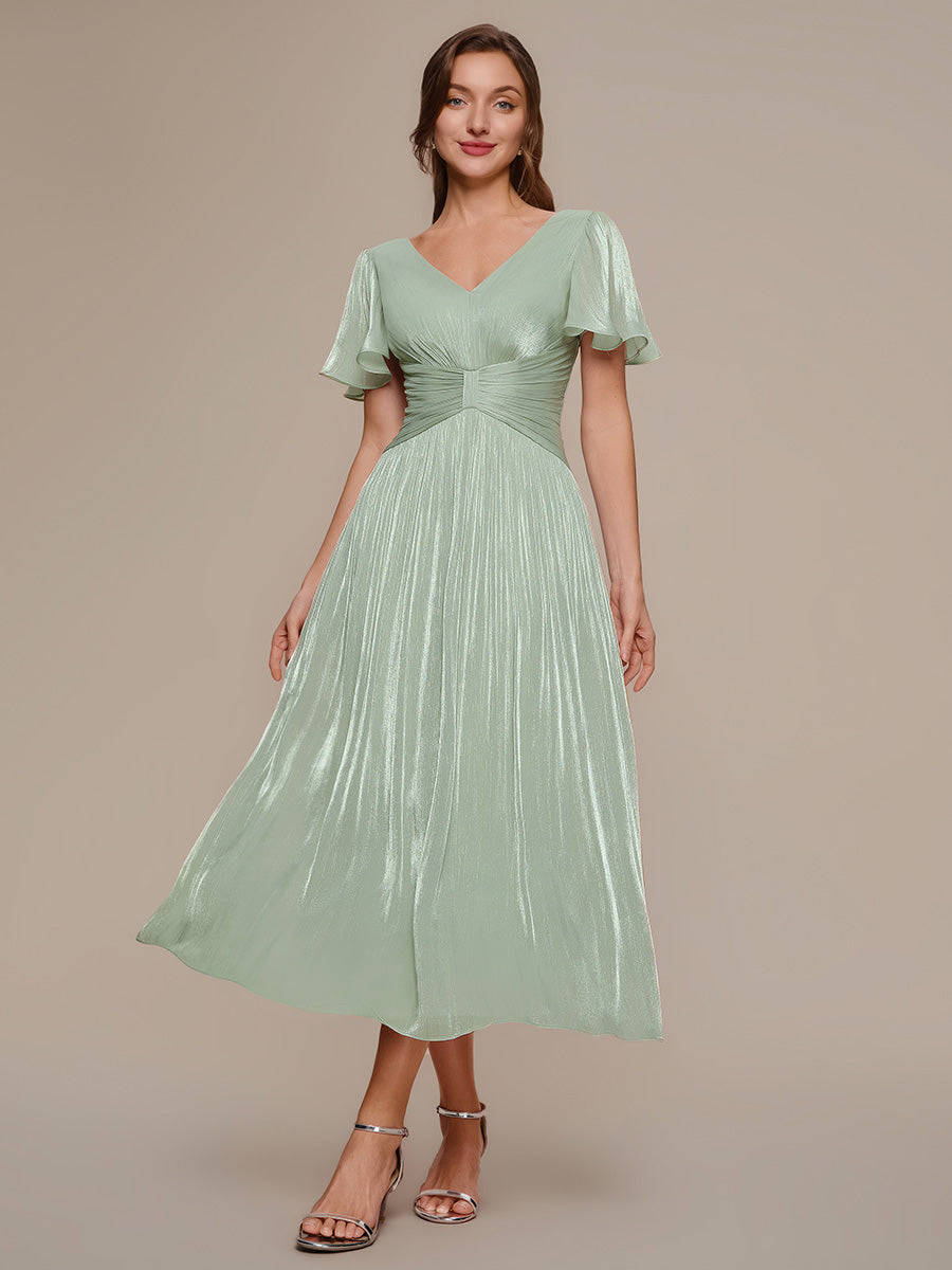 robe midi à manches courtes avec volants en V et détails froncés #Couleur_Menthe Verte