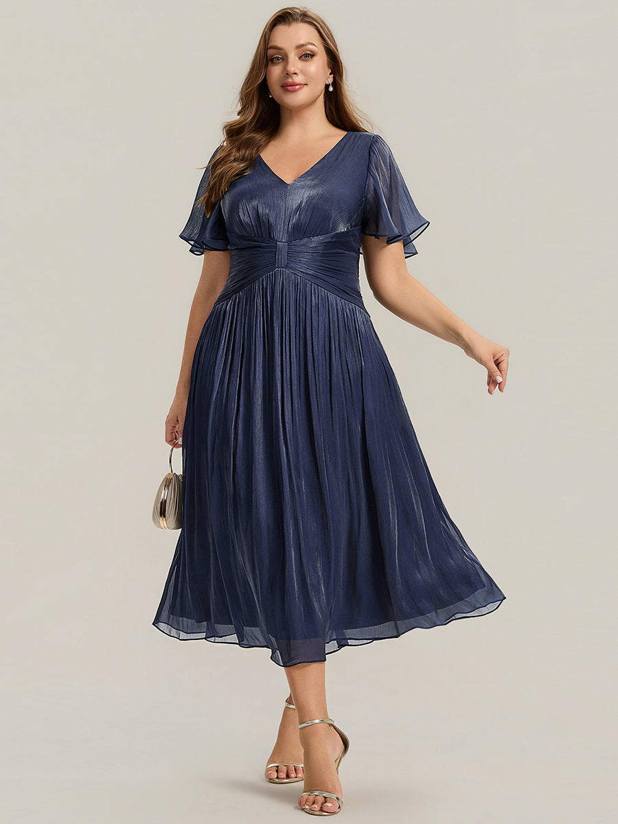 robe midi à manches courtes avec volants en V et détails froncés #Couleur_Bleu Marine
