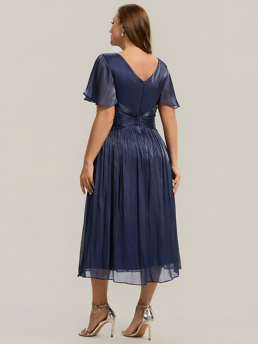 robe midi à manches courtes avec volants en V et détails froncés #Couleur_Bleu Marine