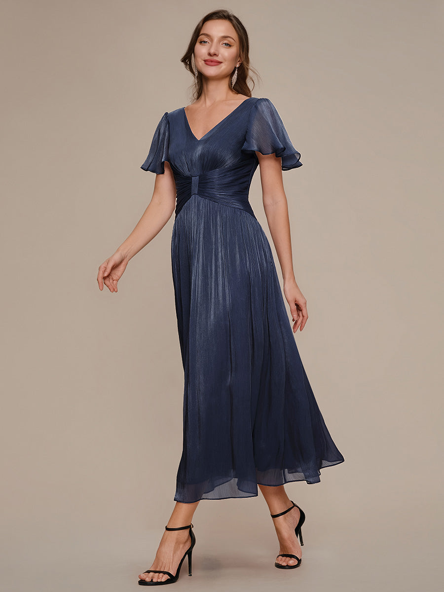 robe midi à manches courtes avec volants en V et détails froncés #Couleur_Bleu Marine