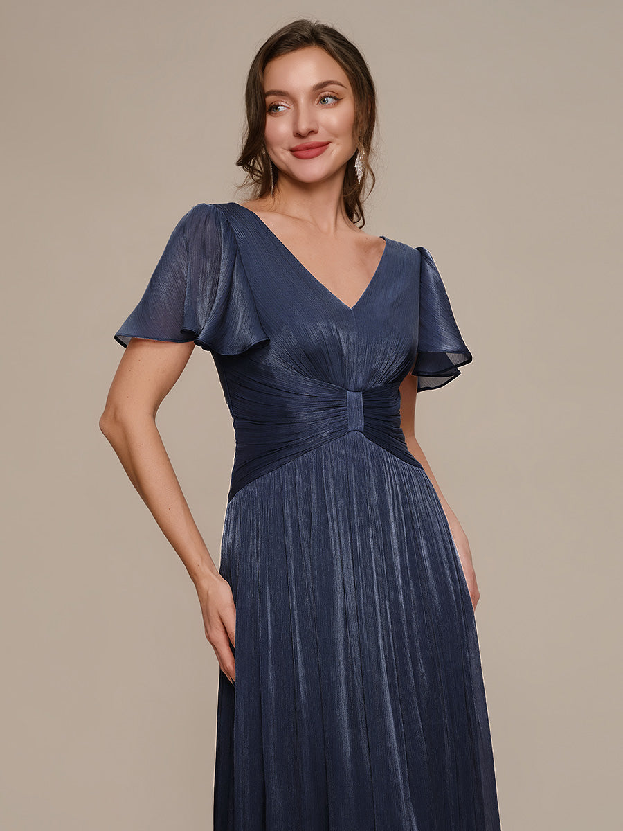 robe midi à manches courtes avec volants en V et détails froncés #Couleur_Bleu Marine