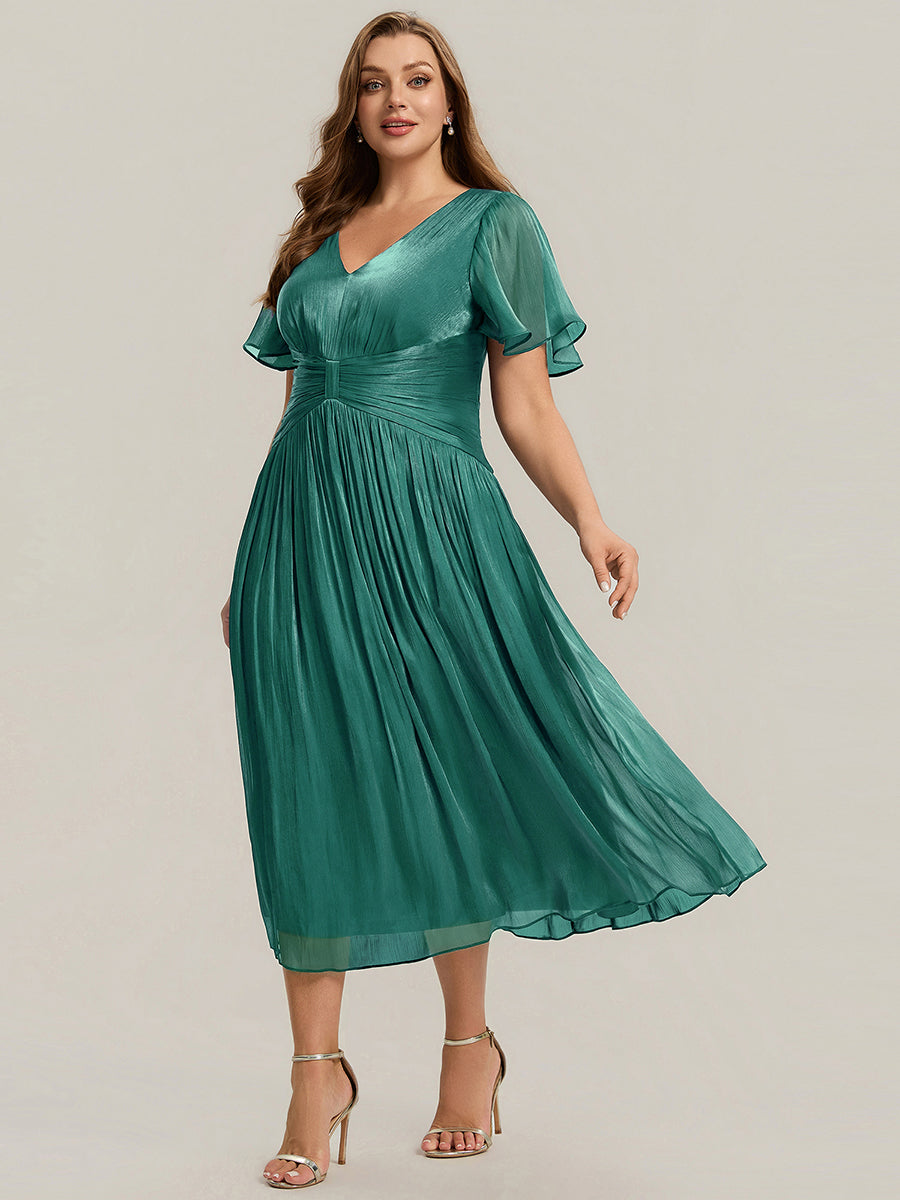 robe midi à manches courtes avec volants en V et détails froncés #Couleur_Bleu Canard