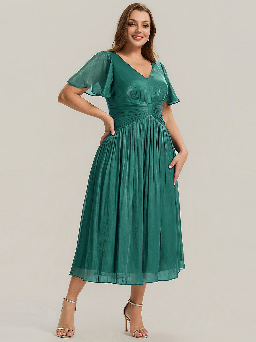 robe midi à manches courtes avec volants en V et détails froncés #Couleur_Bleu Canard