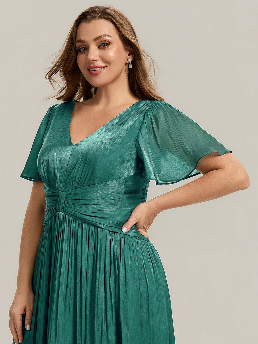 robe midi à manches courtes avec volants en V et détails froncés #Couleur_Bleu Canard