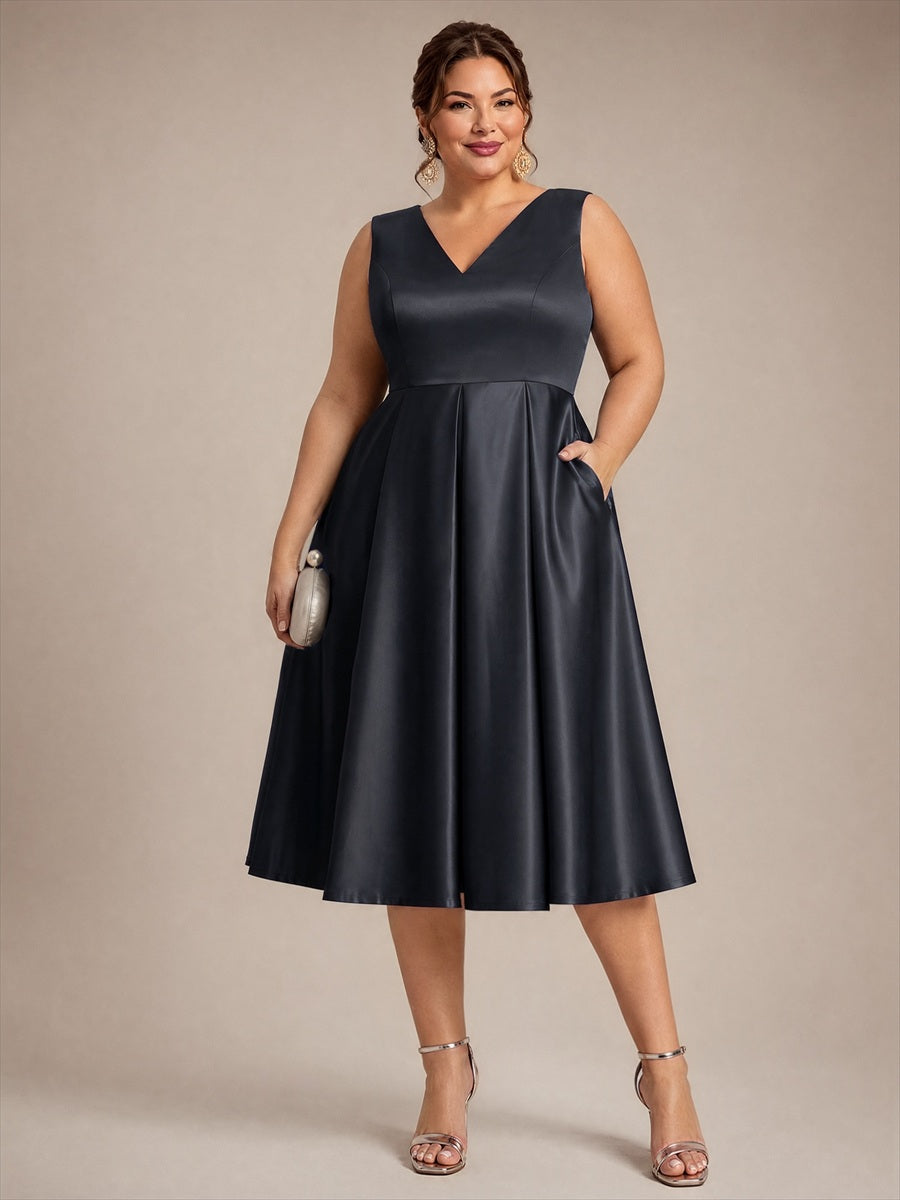 Robe midi de bal sans manches à volants plissée avec décolleté en V #Couleur_Noir