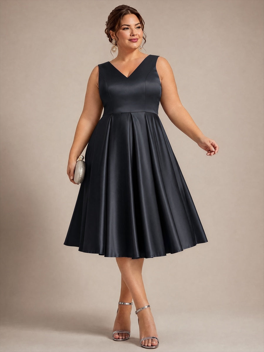 Robe midi de bal sans manches à volants plissée avec décolleté en V #Couleur_Noir