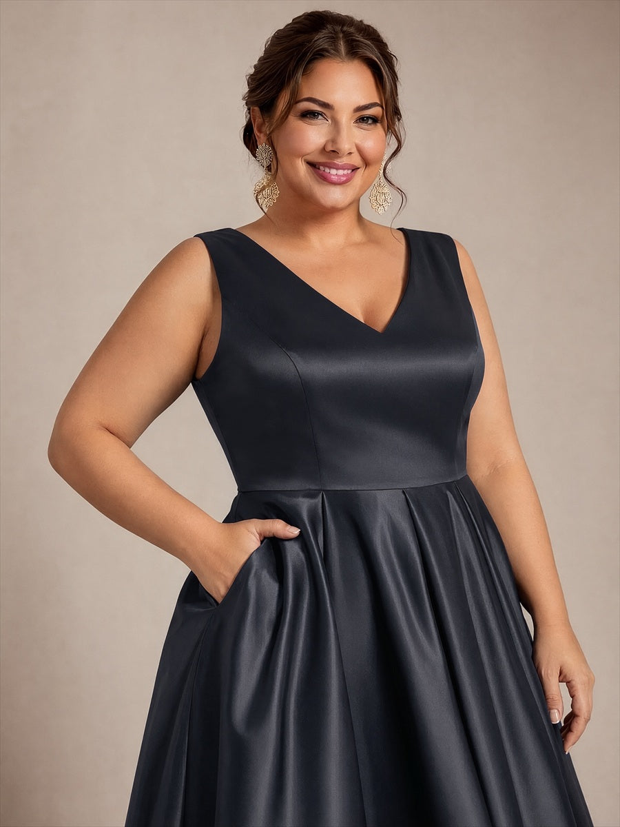 Robe midi de bal sans manches à volants plissée avec décolleté en V #Couleur_Noir