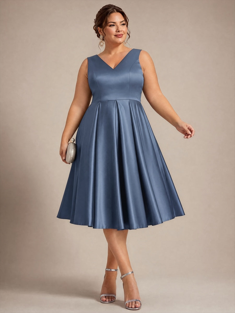 Robe midi de bal sans manches à volants plissée avec décolleté en V #Couleur_Marine Fume