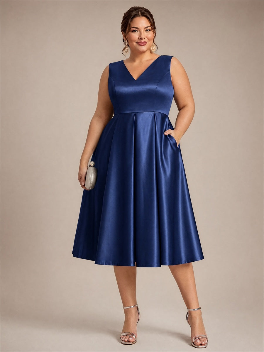 Robe midi de bal sans manches à volants plissée avec décolleté en V #Couleur_Bleu Marine