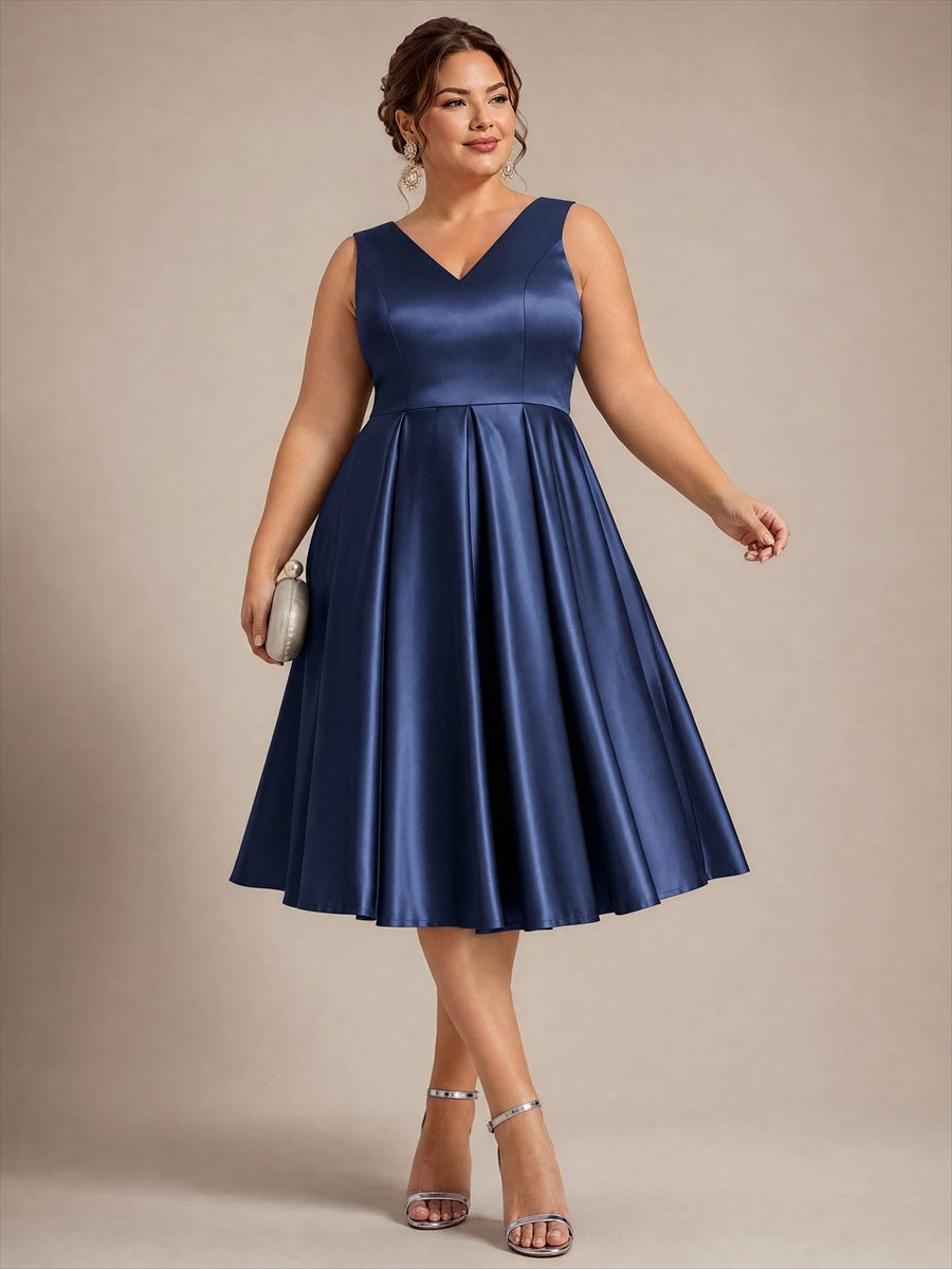 Robe midi de bal sans manches à volants plissée avec décolleté en V #Couleur_Bleu Marine