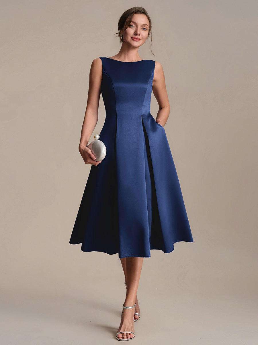 Robe midi longueur ballerine sans bretelles à encolure bateau avec poche #Couleur_Bleu Marine