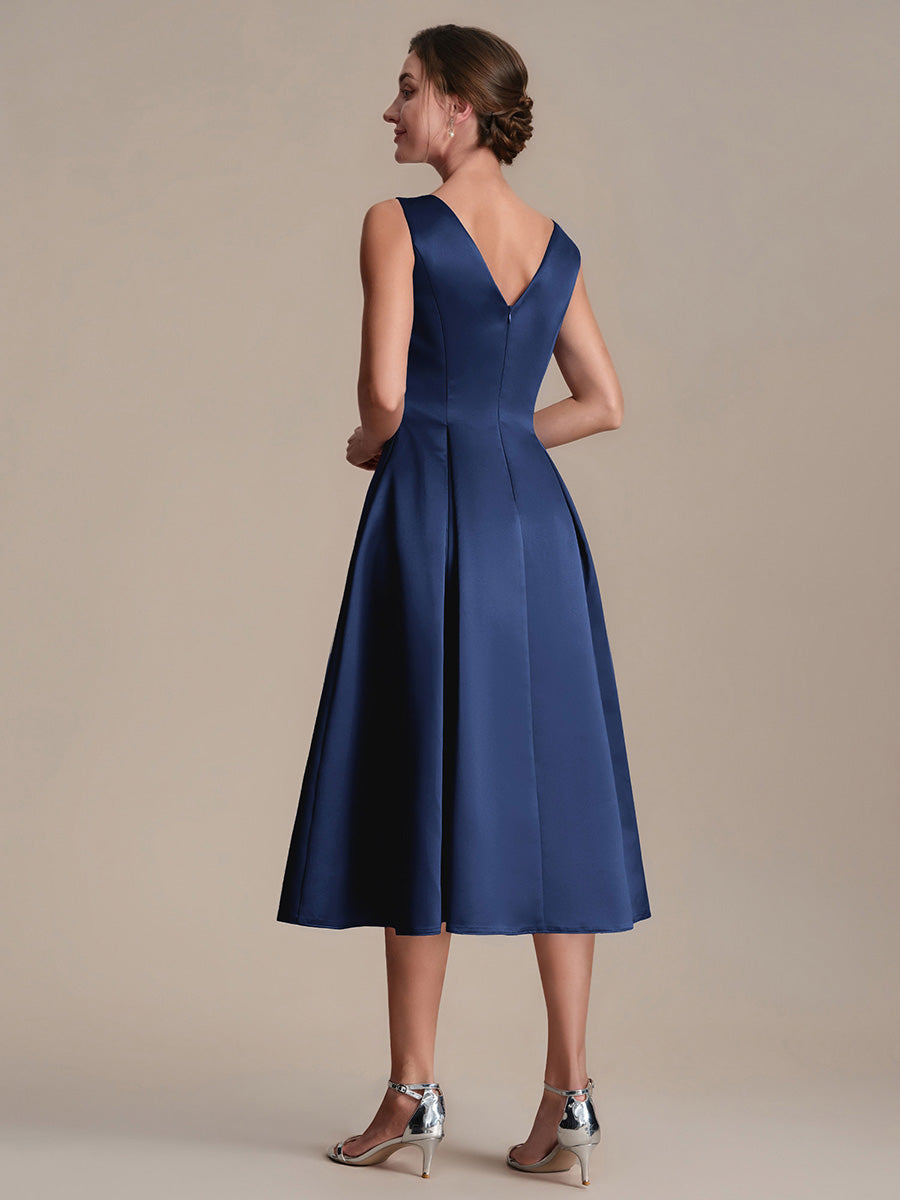 Robe midi longueur ballerine sans bretelles à encolure bateau avec poche #Couleur_Bleu Marine
