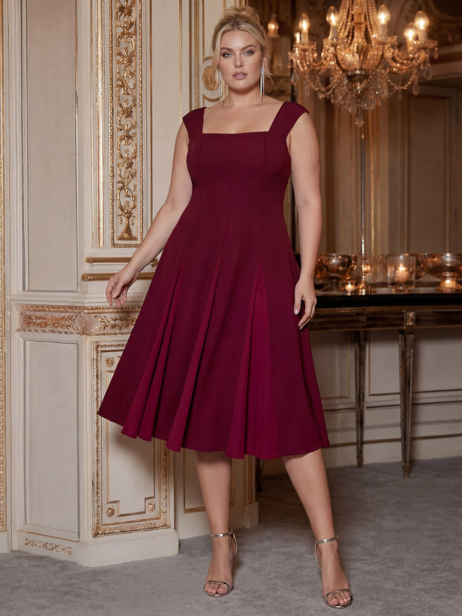 Robe midi de bal sans manches à encolure carrée extensible et patchwork #Couleur_Bordeaux