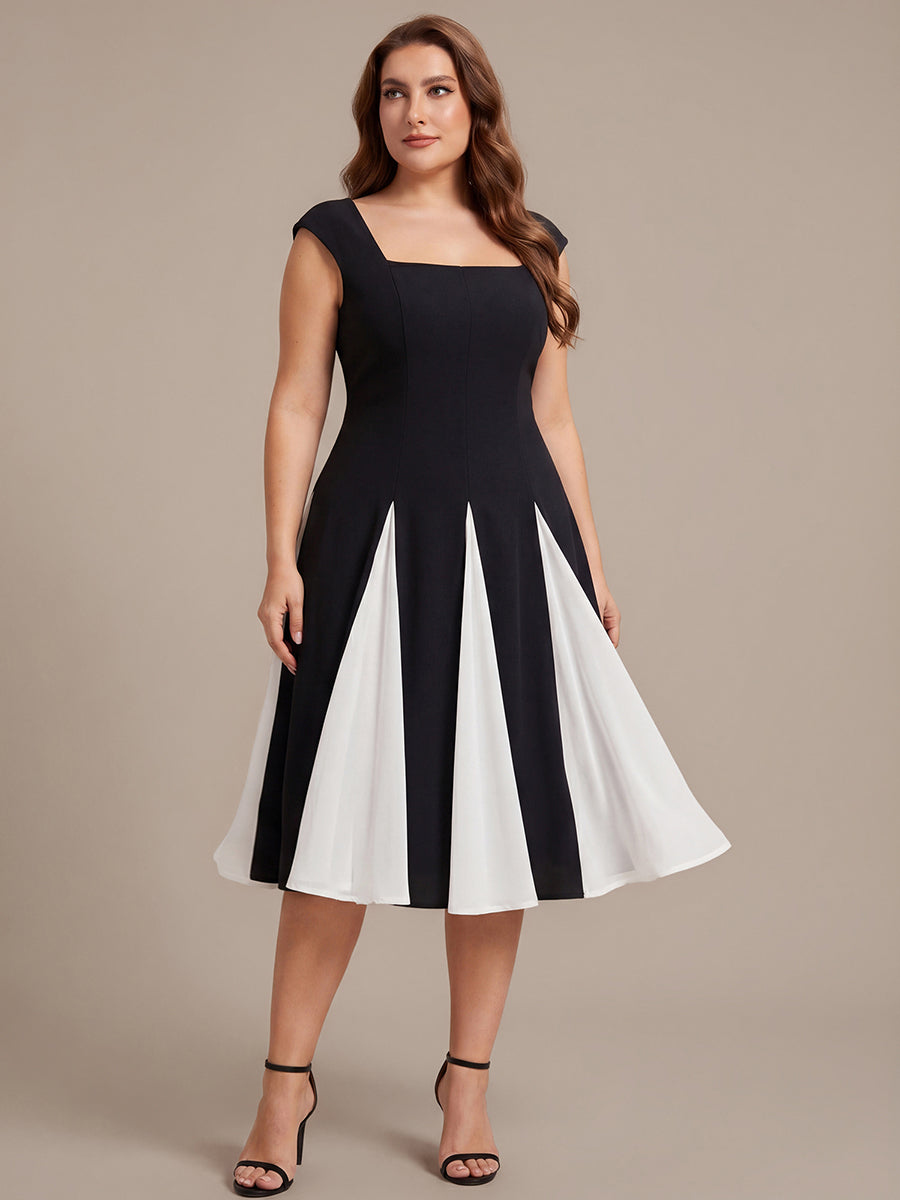 Robe midi de bal sans manches à encolure carrée extensible et patchwork #Couleur_Noir d'ivoire