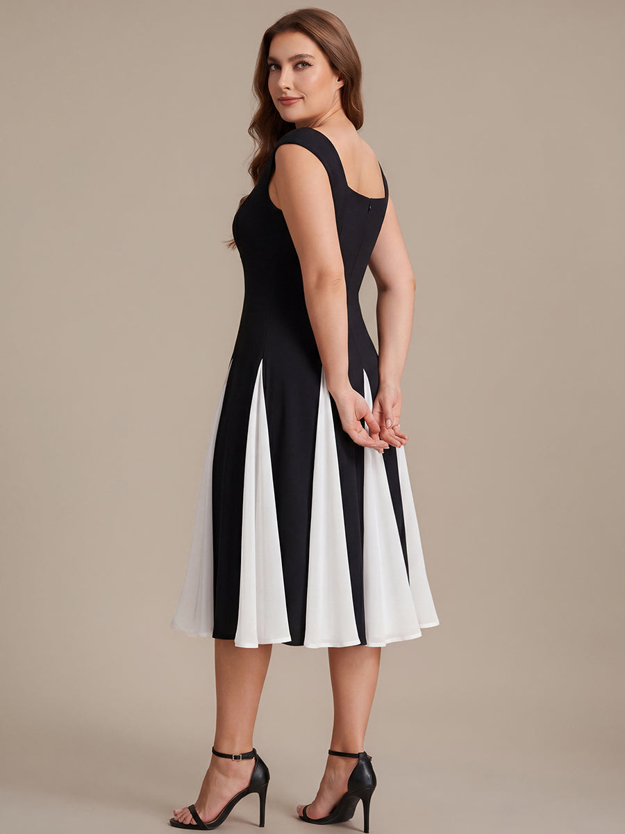 Robe midi de bal sans manches à encolure carrée extensible et patchwork #Couleur_Noir d'ivoire