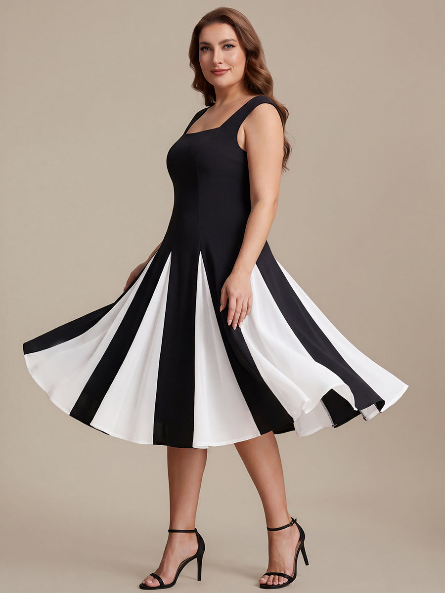 Robe midi de bal sans manches à encolure carrée extensible et patchwork #Couleur_Noir d'ivoire