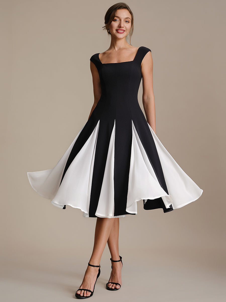 Robe midi de bal sans manches à encolure carrée extensible et patchwork #Couleur_Noir d'ivoire