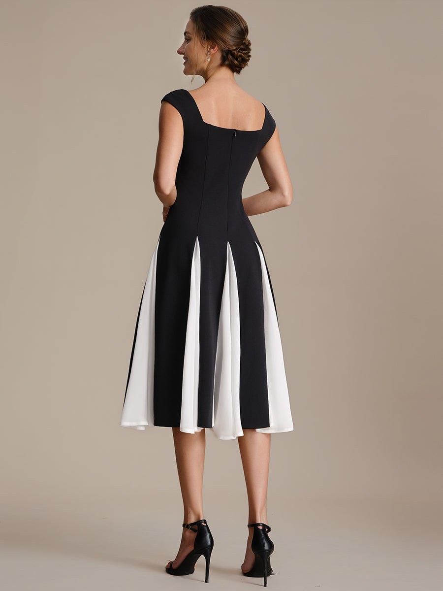 Robe midi de bal sans manches à encolure carrée extensible et patchwork #Couleur_Noir d'ivoire